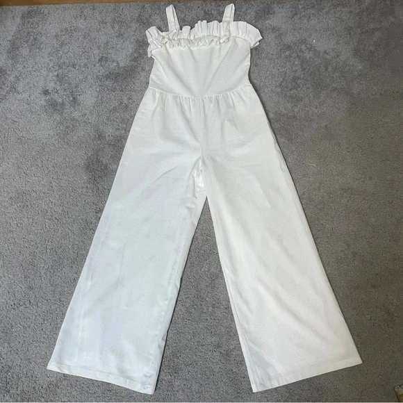 Lucca Ivory Linen Wide Leg Ruffled Jumpsuit with pockets size small - Picture 1 of 14